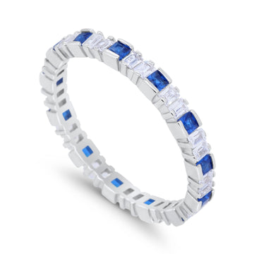 Baguette Princess Full Eternity Wedding Band Ring Simulated Blue Sapphire CZ 925 Sterling Silver